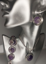 Комплект бижутерии подвеска, цепь, браслет, серьги Аметист Круг.(натуральный камень, бижутерный сплав)