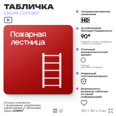 Табличка Пожарная лестница, на дверь и стену, навигационная и информационная, серия CONCEPT, 18х18 см, Айдентика Технолоджи