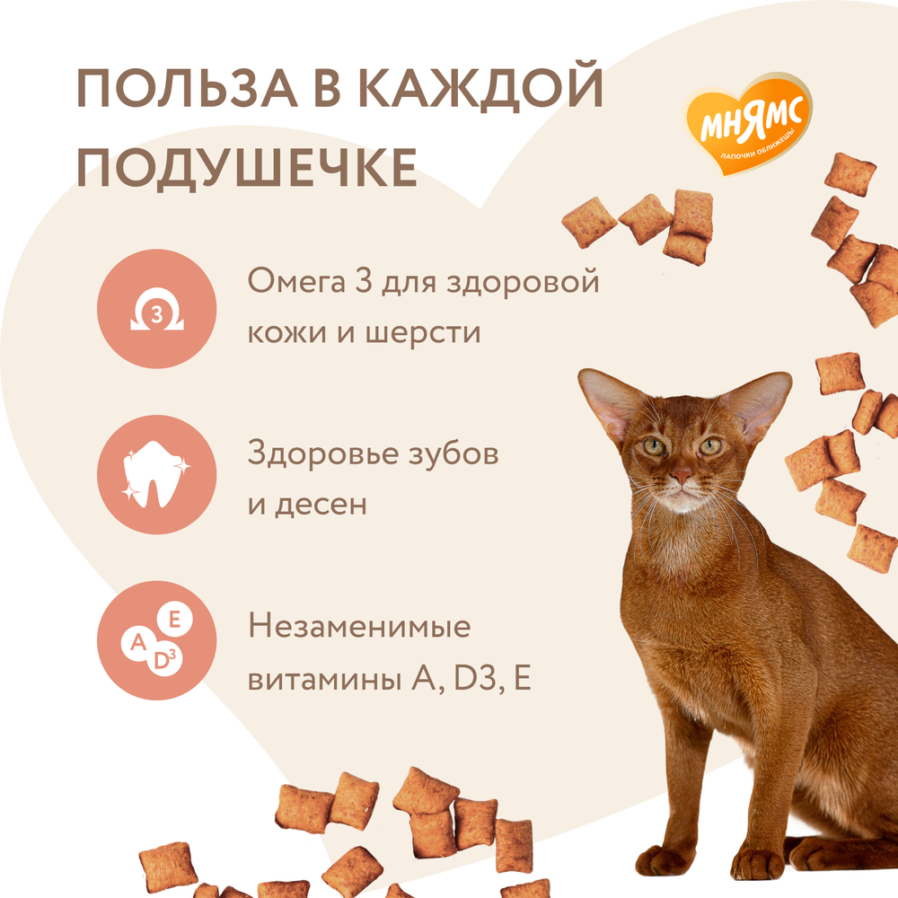 Мнямс хрустящие подушечки для кошек с лососем "Здоровье и красота" - 60 гр