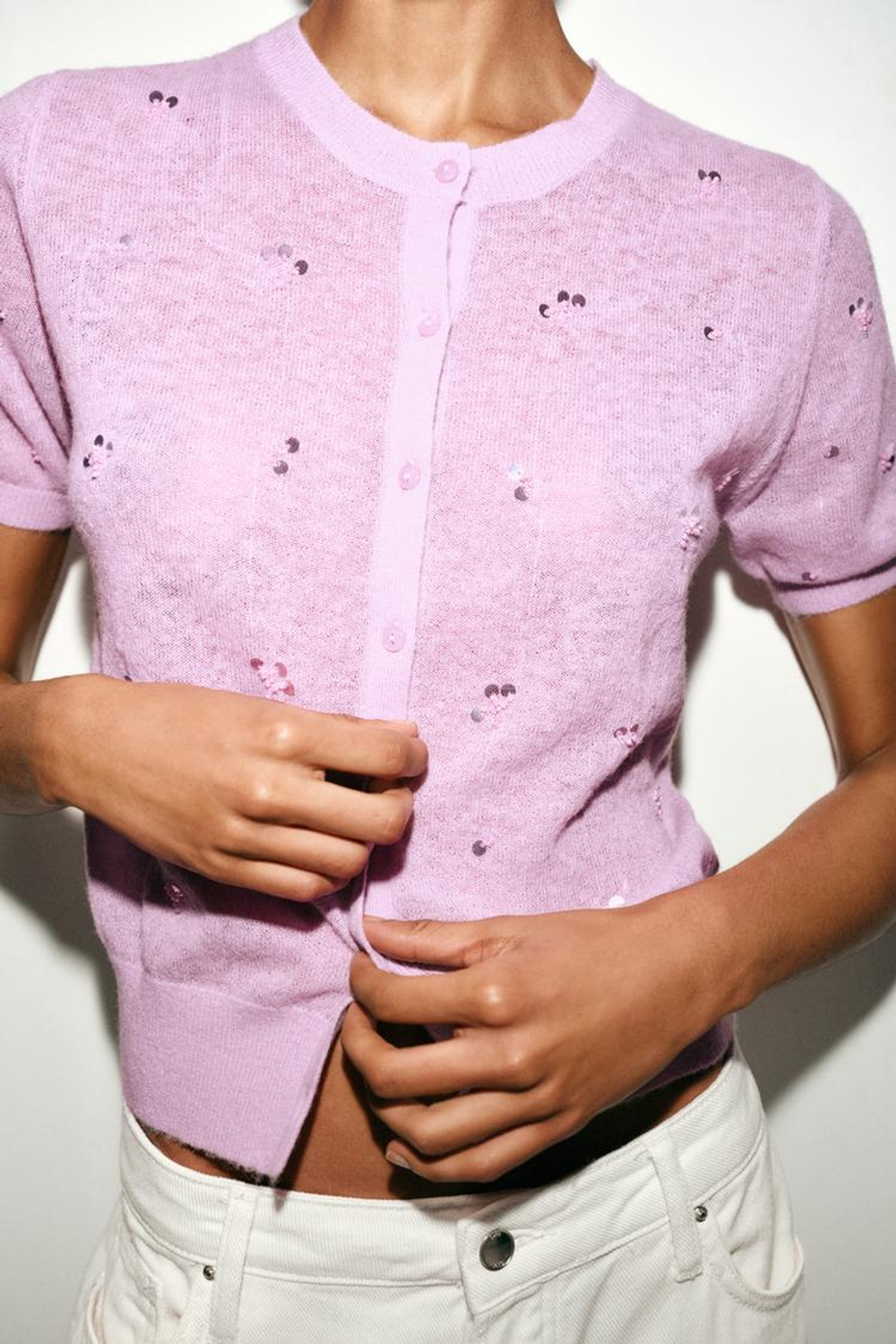 ZARA КАРДИГАН С КОРОТКИМИ РУКАВАМИ И ПАЙЕТКАМИ, РОЗОВЫЙ/ЛИЛОВЫЙ