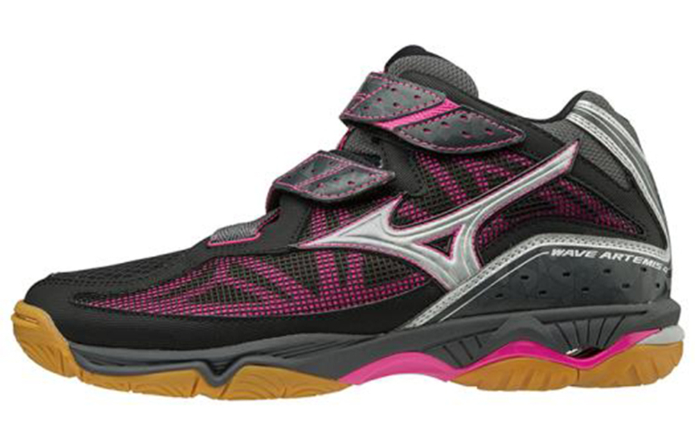 Mizuno Wave Artemis 4 Mid Slip Resistant Abrasion Resistant Mid top Volleyball Shoes Women"s Black Silver Pink