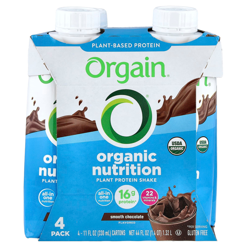 Orgain, Organic Nutrition, коктейль из растительных протеинов, нежный шоколад, 4 пакетика по 330 мл (11 жидк. унций)