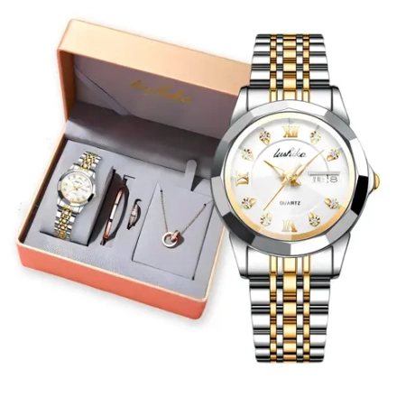 Подарочный набор - часы наручные кварцевые на металлическом браслете, серебристый/серебристо-золотистый W9520-01