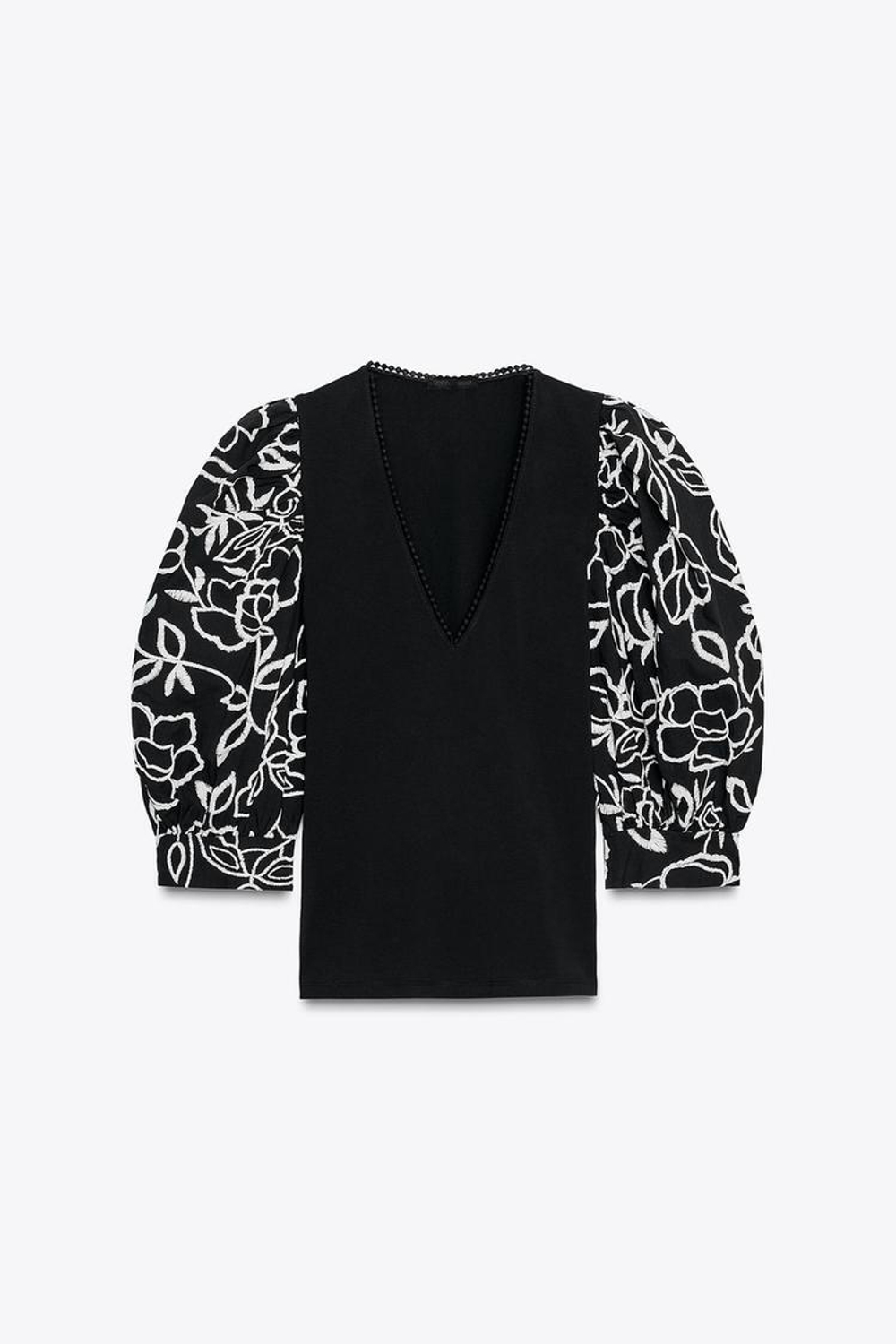 ZARA ТОП С РУКАВАМИ-БУФАМИ И ВЫШИВКОЙ В ВИДЕ ЦВЕТОВ, ЧЕРНЫЙ
