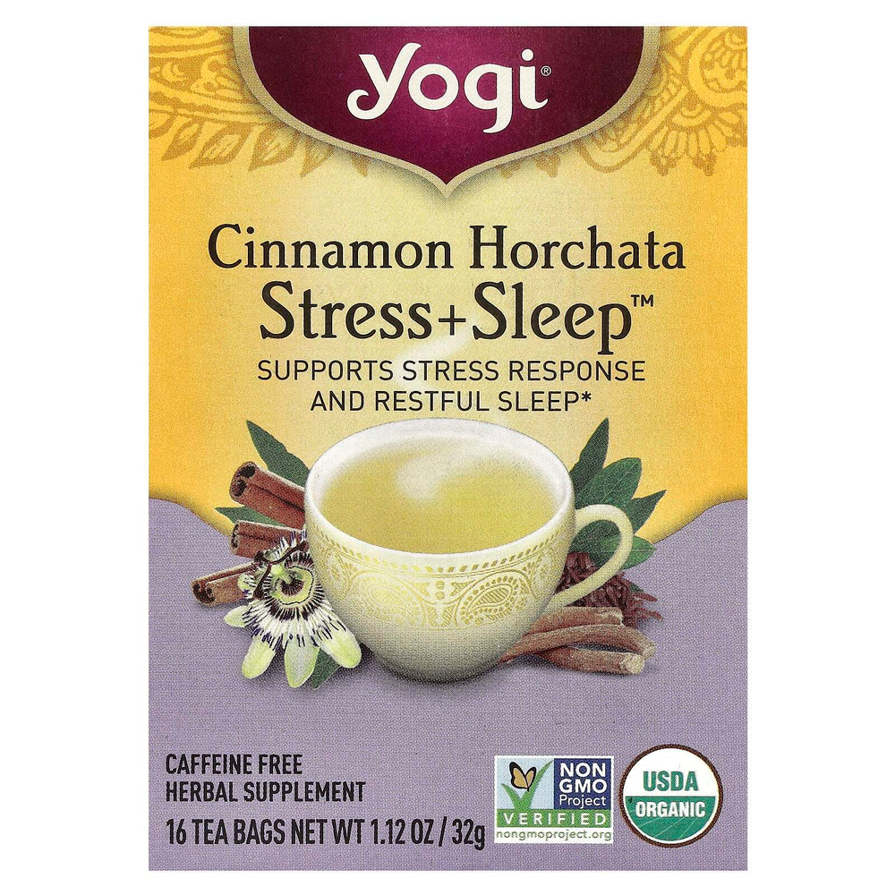 Yogi Tea, Stress + Sleep, орчата с корицей, без кофеина, 16 чайных пакетиков, 32 г (1,12 унции)