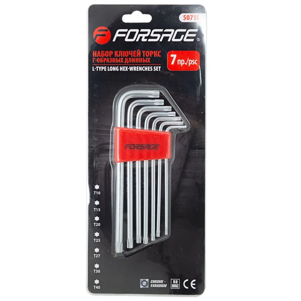 Набор ключей TORX Г-образных длинных, 7пр.(Т10,Т15,Т20,Т25,Т27,Т30,Т40) в пластиковом держателе Forsage F-5071L