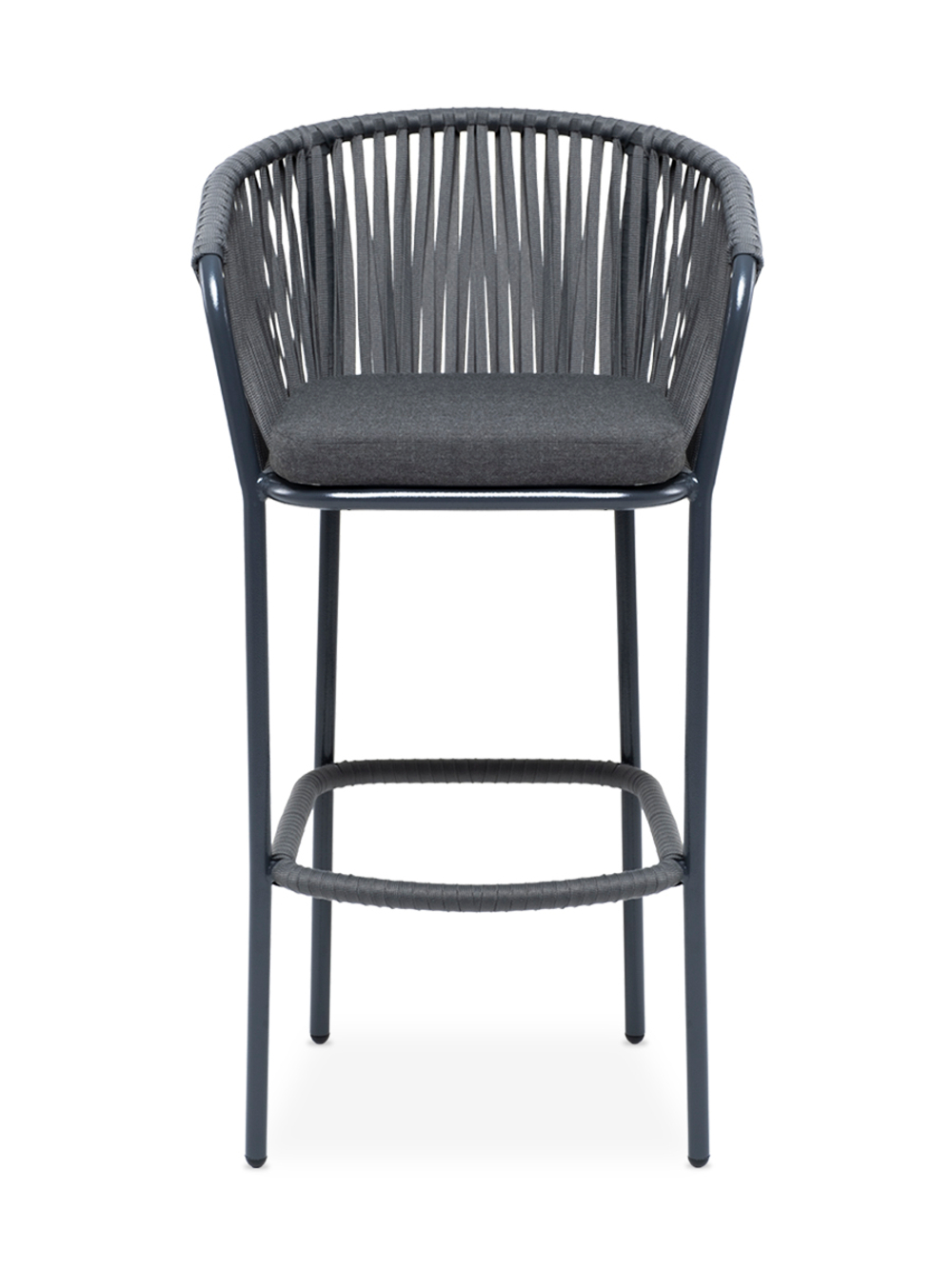 "Бордо" стул барный плетеный из роупа, каркас из стали темно-серый (RAL7024) муар, роуп серый 15мм, ткань темно-серая 027
