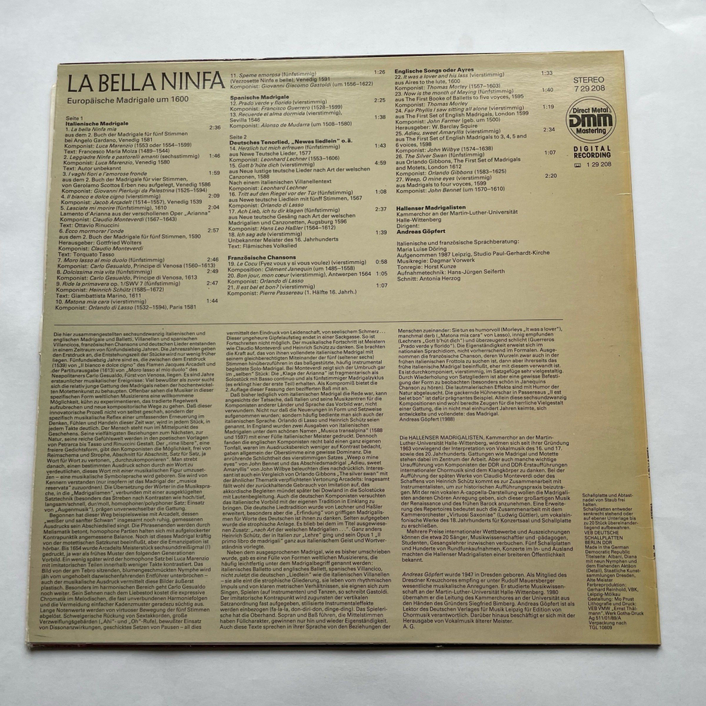 Винтажная виниловая пластинка LP Hallenser Madrigalisten, Andreas Gopfert La Bella Ninfa (ГДР 1989)