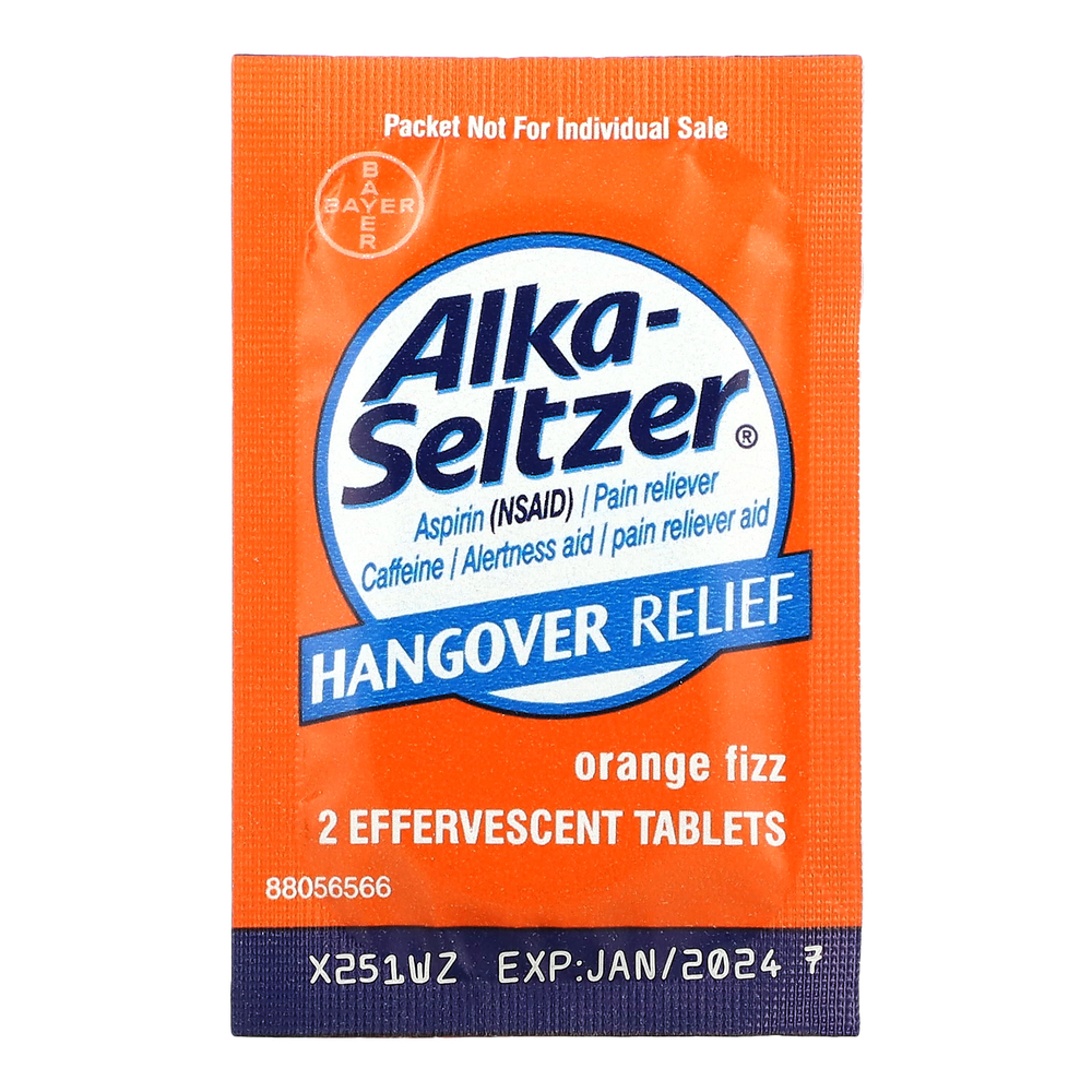 Alka-Seltzer, От похмелья, апельсиновая шипучка, 10 пакетиков, по 2 шипучие таблетки