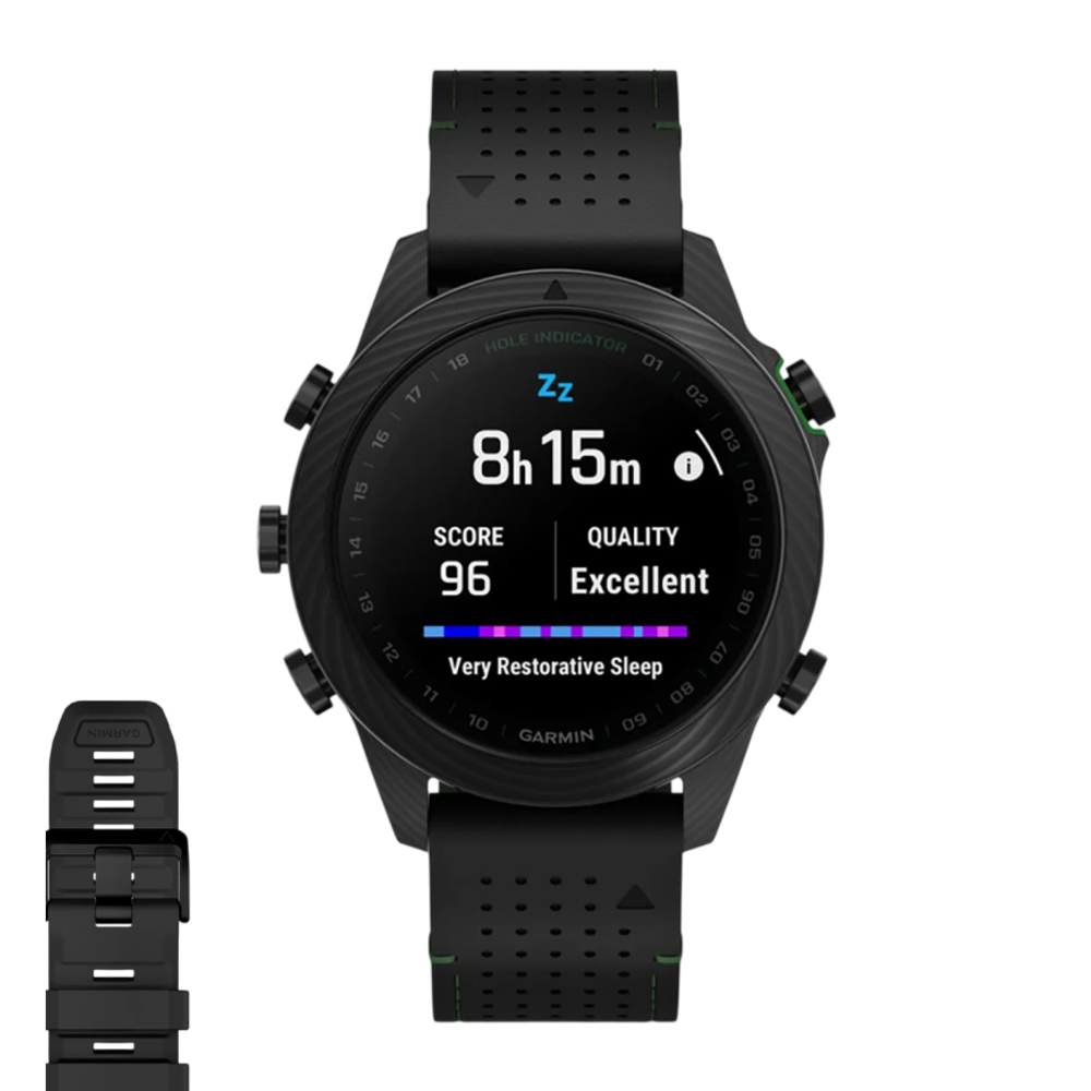 Спортивные часы Garmin MARQ Golfer (Gen 2) Carbon Edition, гибридный ремешок цвета «чёрный/зелёный», чёрный силиконовый ремешок Безель и корпус из углеродного волокна и титана, AMOLED-дисплей с куполообразным сапфировым стеклом. Ремешок из кожи и фторэлас