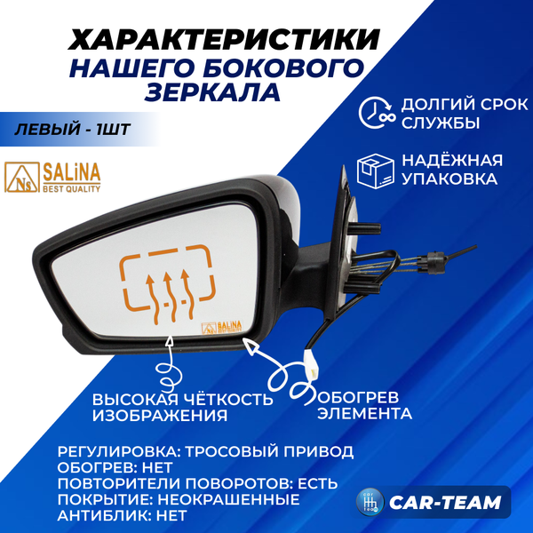 Зеркало на Лада Гранта, Гранта FL, Калина 1-2 с повторителем поворота, тросовый привод, не окрашенное, левое (2191-8201005) (1шт)  "Солина"