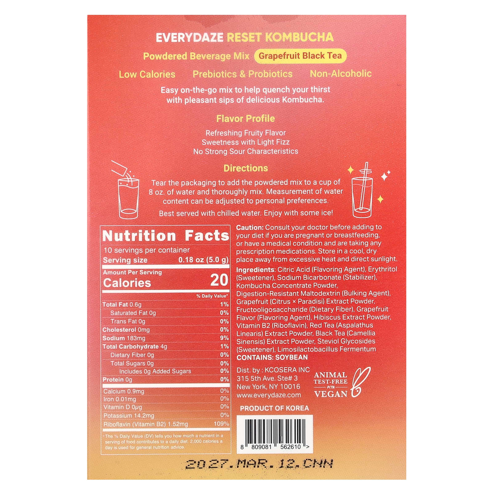 Everydaze, Reset Kombucha, порошковая смесь для напитков, грейпфрутовый черный чай, 10 пакетиков по 5 г (0,18 унции)