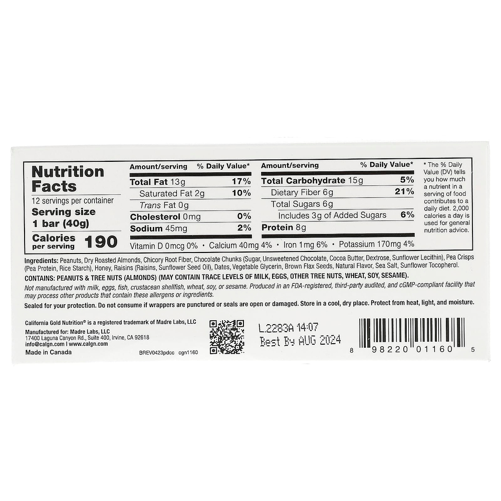 California Gold Nutrition, Foods, батончики с арахисом и кусочками тёмного шоколада, с миндалём сухого обжаривания, клетчаткой из корня цикория, гороховыми чипсами и мёдом, 12 батончиков по 40 г (1,4 унции)