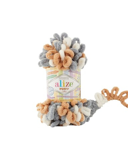 Пуффи колор (Puffy color) пряжа Alize 100%микрополиэстер 5х100г/9 м (6395 белый-серый-бежевый)