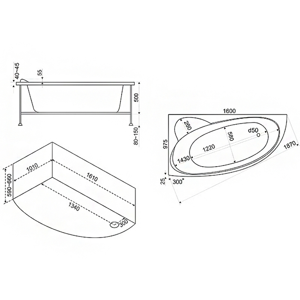 Акриловая ванна Bas (Бас) Сагра 160х100 L, с каркасом