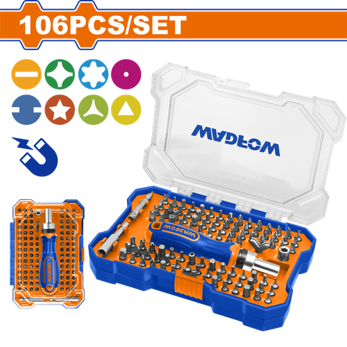 Отвертка трещоточная с битами 106 шт (4/16) WADFOW WSS8B05