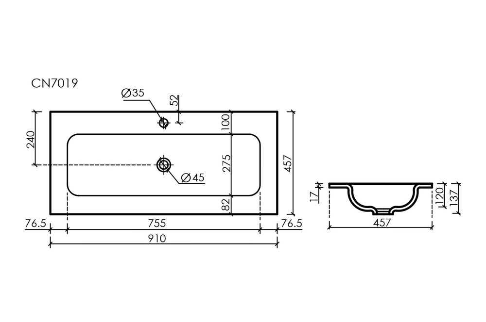 Раковина накладная мебельная CERAMICANOVA Grace прямоугольная 910x457x137 с отверстием под смеситель цвет белый CN7019