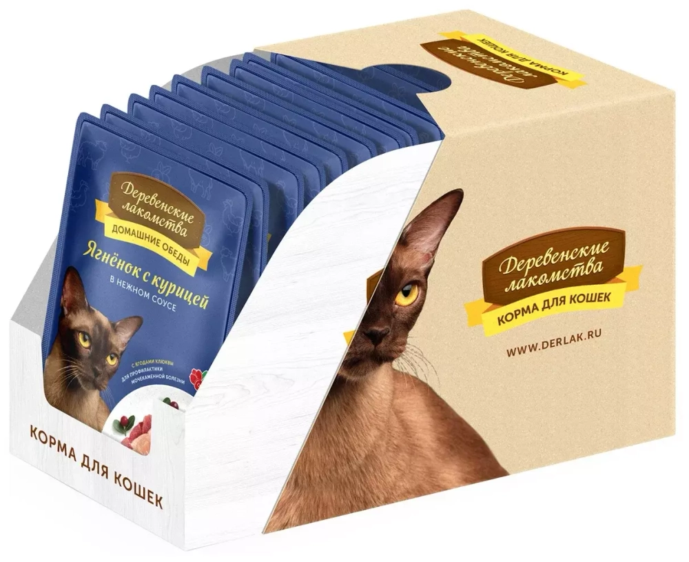 Деревенские лакомства консервы для кошек с ягненком и курицей (соус) 85 г пакетик (70063071)
