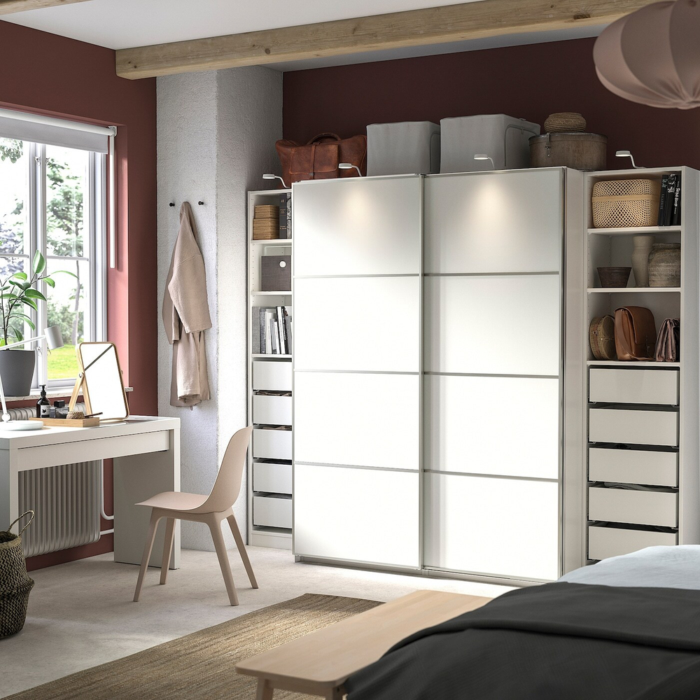 Гардероб PAX MEHAMN с 2 дверями-купе, 6 полками, 10 ящиками и 2 штангами (белый)  220*45*260