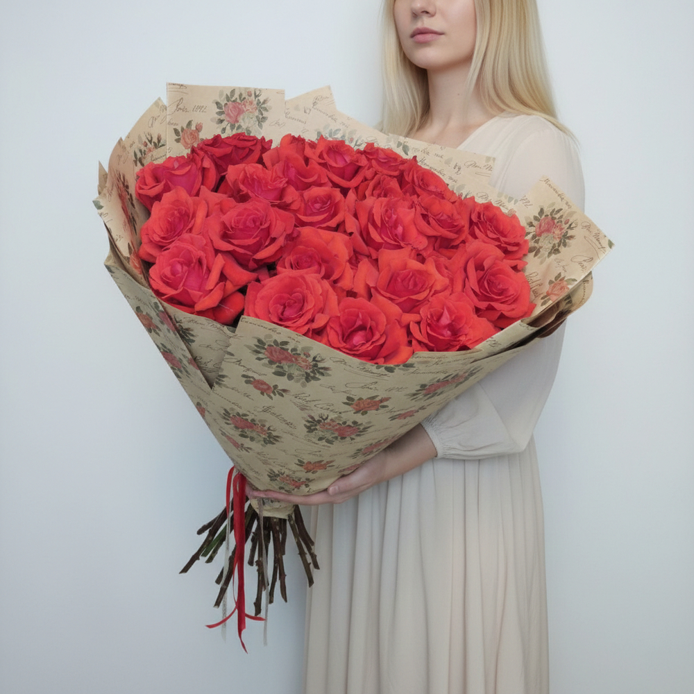 25 алых импортных роз Нина