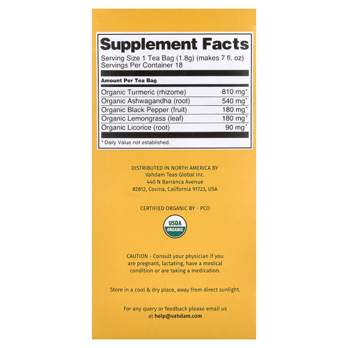 VAHDAM India, Infusions, куркума и ашваганда, без кофеина, 18 пакетиков для заваривания, 32,4 г (1,14 унции)
