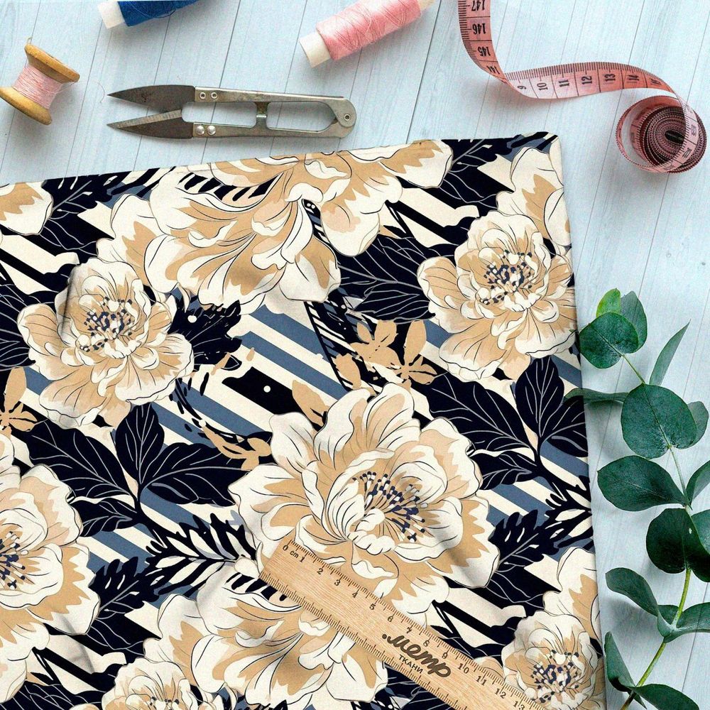 Ткань премиум атлас пионы на полосках