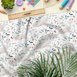 Ткань дюспо пыльные киты и листва на белом фоне