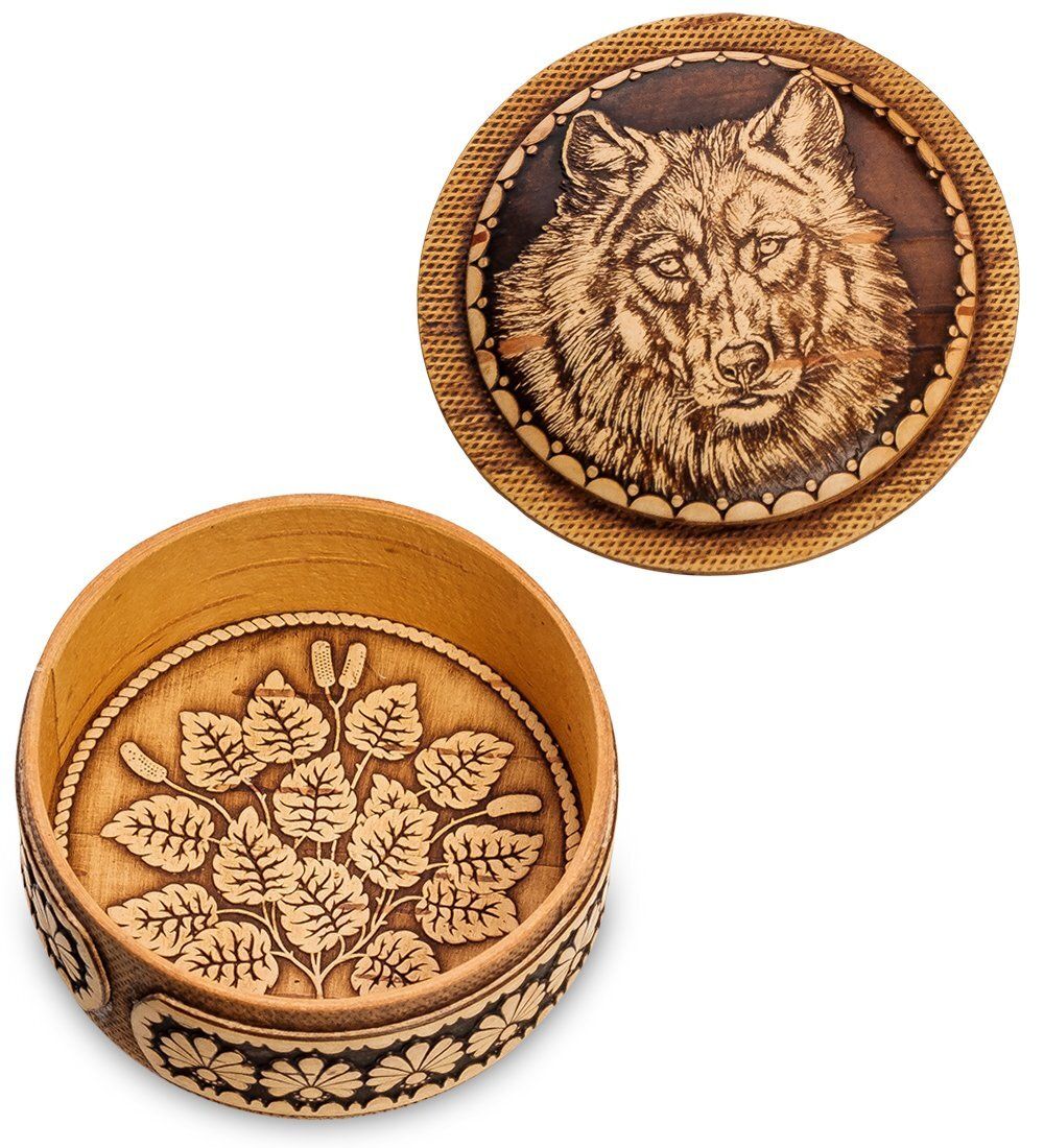 Народные промыслы BST-411/ 7 Шкатулка «Волк» (береста, тиснение)