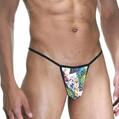 Сексуальные трусы-стринги с цветочным принтом и черной окантовкой (Размер: M) (Цвет: разноцветный)