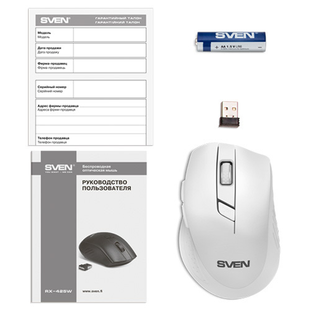 SVEN Беспроводная мышь RX-425W белая (5+1кл. 800-1600DPI, блист)