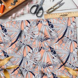 Ткань интерлок листья монстеры белые