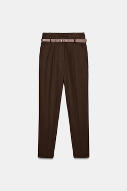 ZARA БРЮКИ С ВЫСОКОЙ ПОСАДКОЙ И РЕМНЕМ, КОРИЧНЕВЫЙ