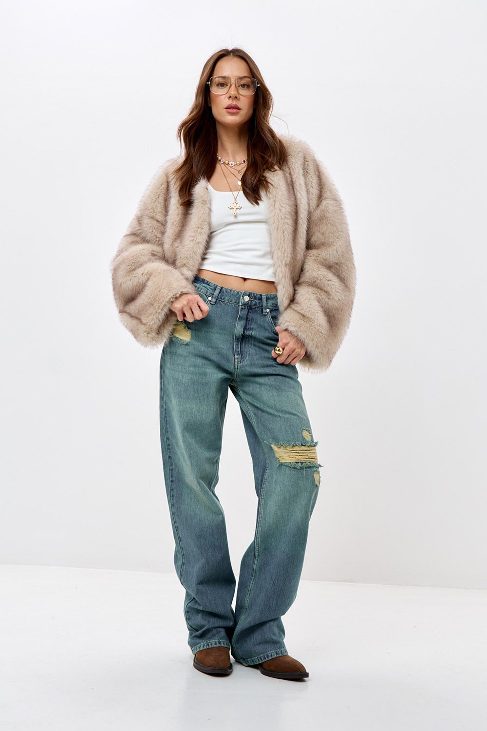 Джинсы wide leg с потертостями сине-зеленого цвета