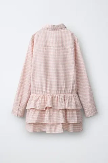 ZARA ПЛАТЬЕ-РУБАШКА В КЛЕТКУ С ОБОРКАМИ, РОЗОВЫЙ