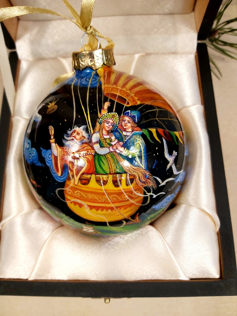 Шар новогодний (круговая роспись Палех) Волшебный корабль в футляре