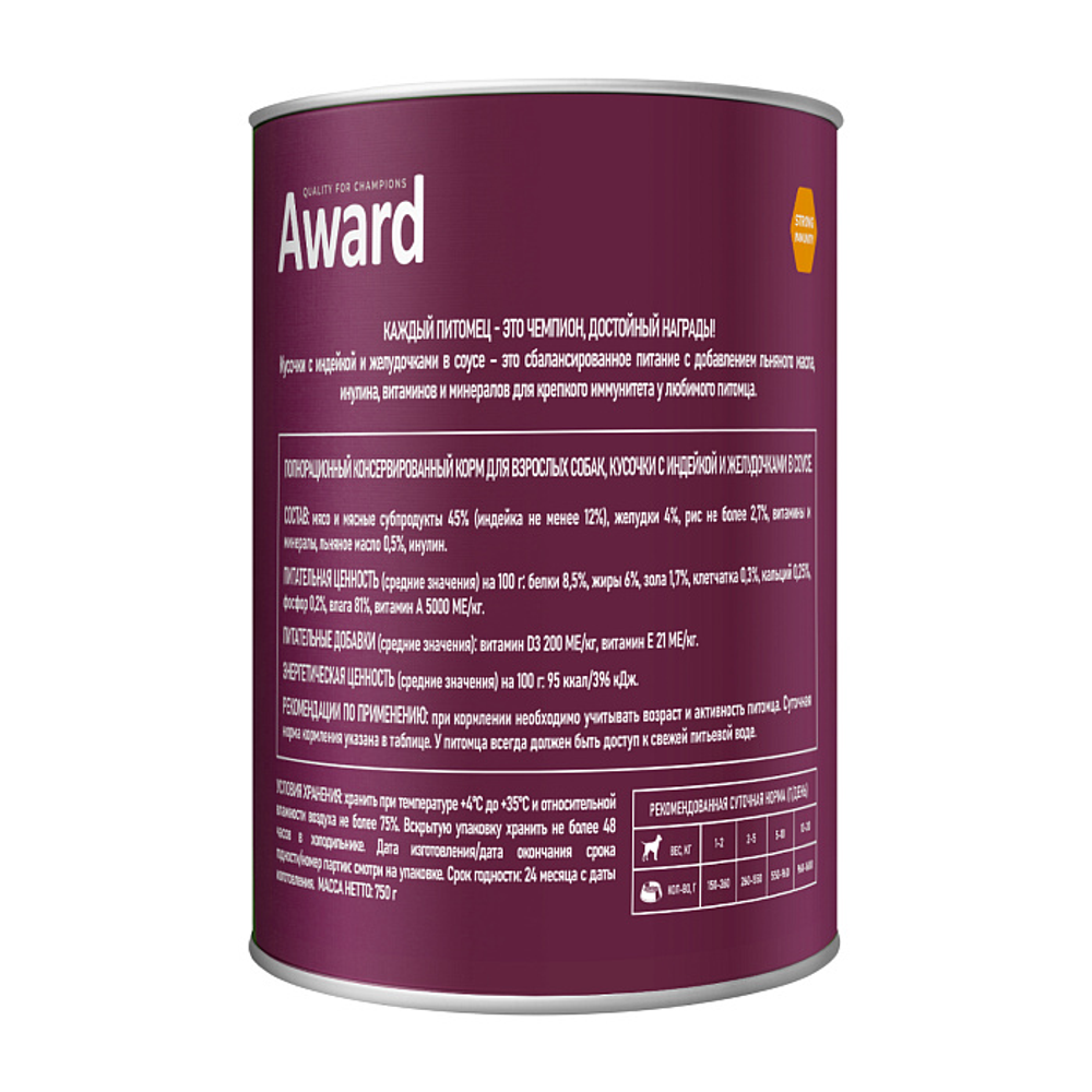 Влажный корм AWARD для взрослых собак кусочки с индейкой и желудочками в соусе 750г
