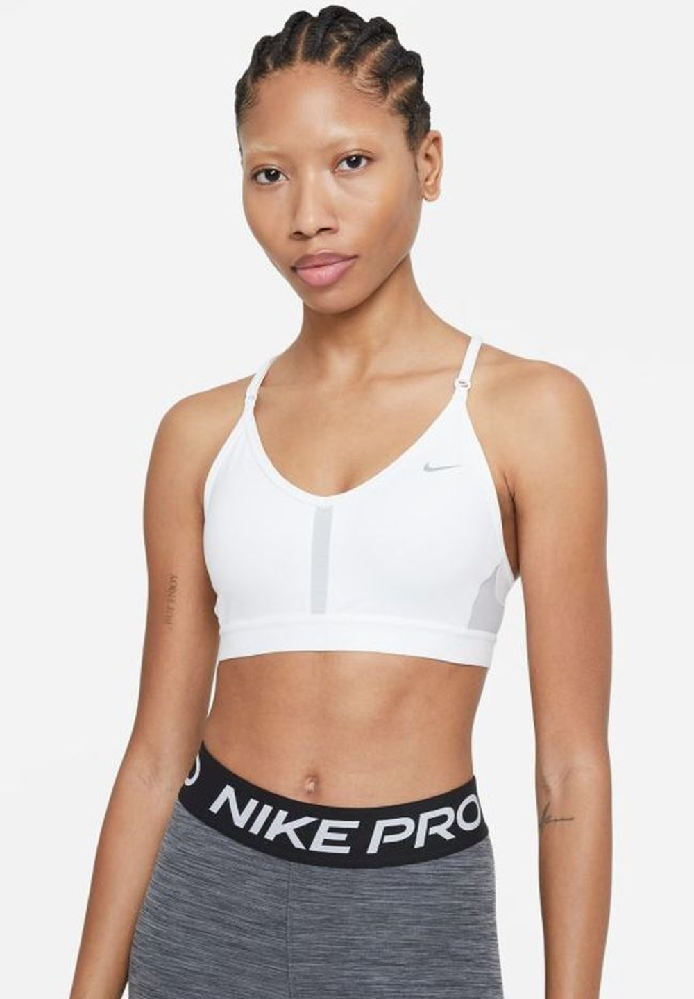 ТОП теннисный Nike Indy Bra V-Neck W - white/grey fog/particle grey