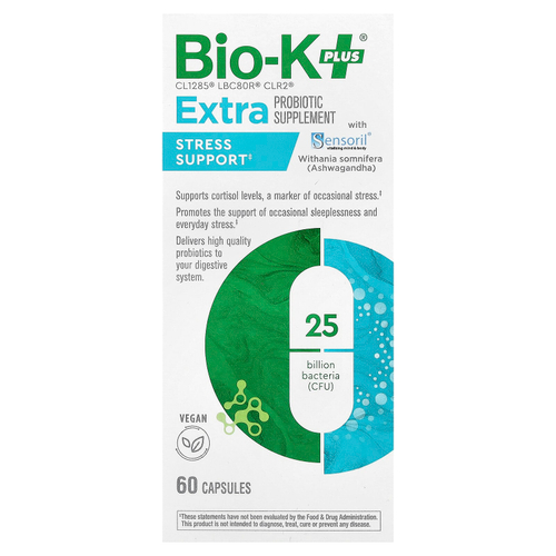 Bio-K+, дополнительная добавка с пробиотиком, для борьбы со стрессом с Sensoril®, 60 капсул