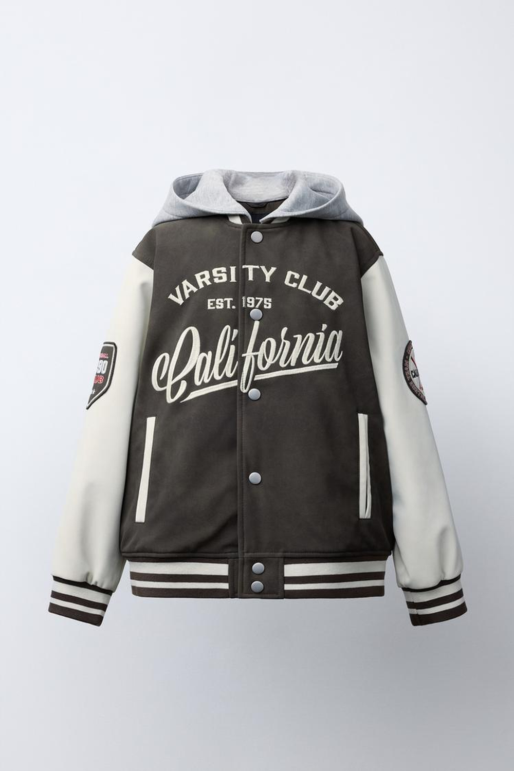 ZARA БОМБЕР С КАПЮШОНОМ И РУКАВАМИ ИЗ ИСКУССТВЕННОЙ КОЖИ, КОРИЧНЕВЫЙ