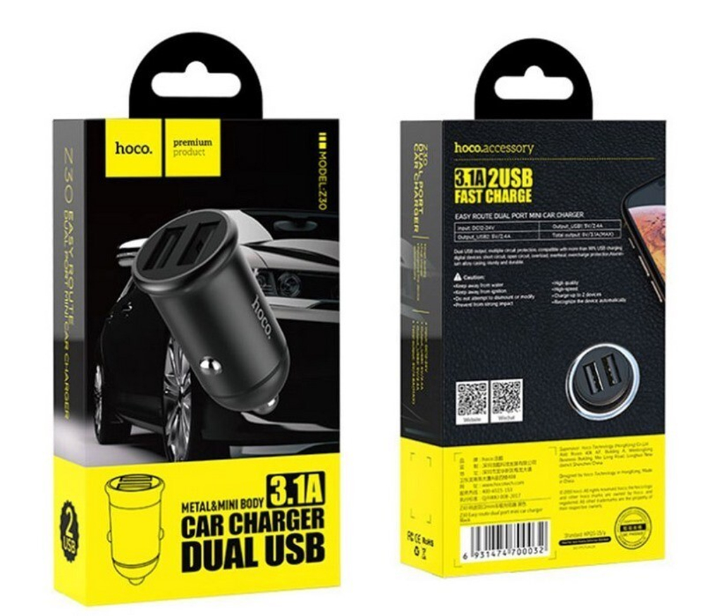 Автомобильный адаптер питания HOCO Z30 2USB 3.1A (черный)