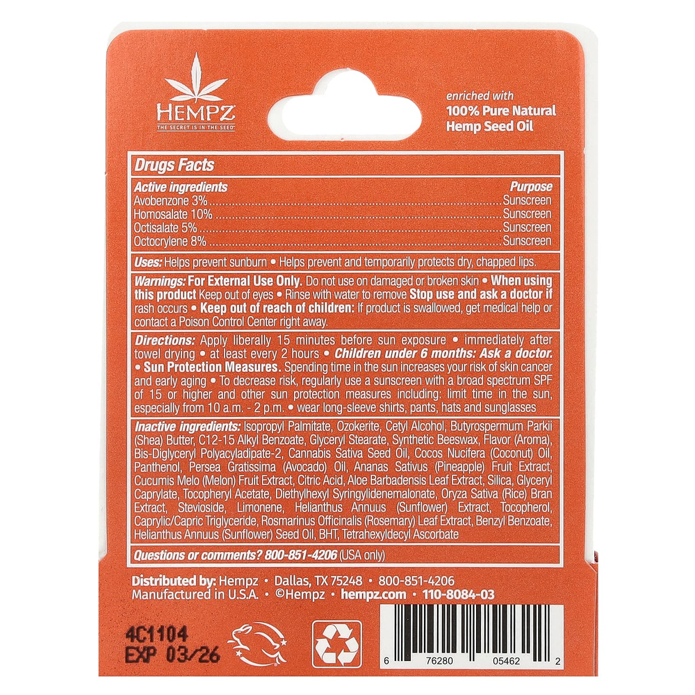 Hempz, Травяное солнцезащитное средство для губ, SPF 30, сладкий ананас и медовая дыня, 4,25 г (0,15 унции)