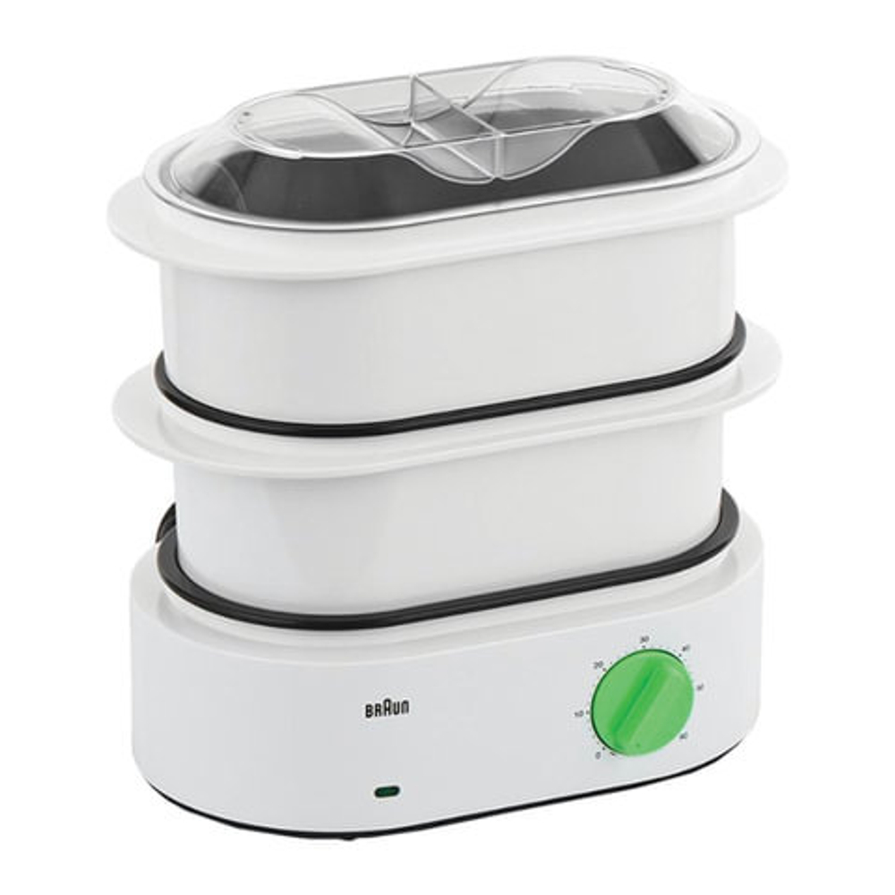 Пароварка BRAUN FS3000, 850 Вт, 2 чаши по 3,1 л, контейнер для риса, механическое управление, таймер, белая