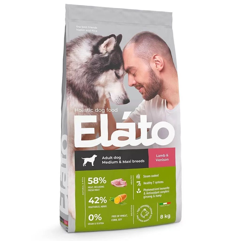 Сухой корм Elato Holistic для собак средних и крупных пород с ягненком и олениной - 8 кг