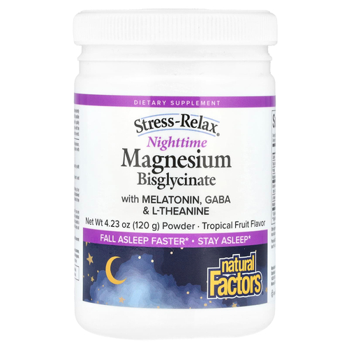 Natural Factors, Stress-Relax®, ночной бисглицинат магния в порошке с мелатонином, ГАМК и L-теанином, тропические фрукты, 120 г (4,23 унции)