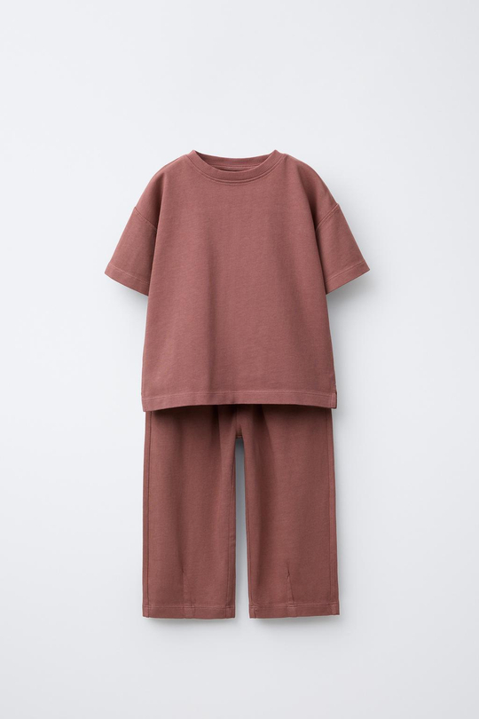ZARA КОМПЛЕКТ ИЗ ОДНОТОННОЙ ФУТБОЛКИ И БРЮК WIDE LEG, БАКЛАЖАННЫЙ