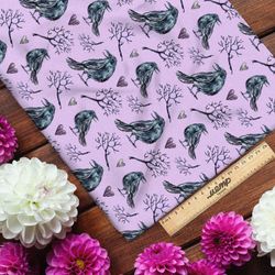 Ткань габардин птица сорока с деревом