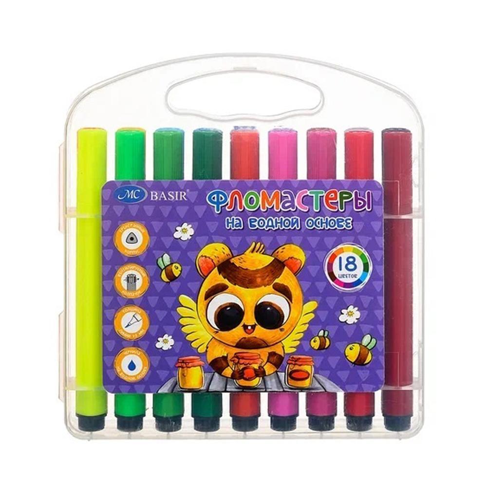 Фломастеры Basir, серия "Монстрики", разноцветные, в прозрачном пластиковом футляре, набор 18 шт