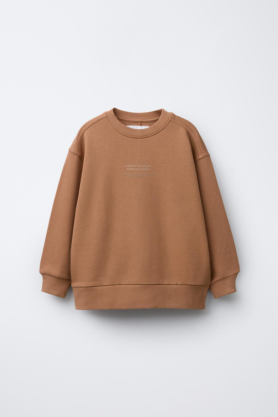 ZARA ОДНОТОННАЯ ТОЛСТОВКА С РЕЛЬЕФНОЙ НАДПИСЬЮ, КОРИЧНЕВЫЙ
