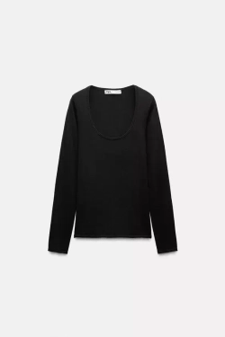 ZARA ОДНОТОННЫЙ ТРИКОТАЖНЫЙ ТОП, ЧЕРНЫЙ