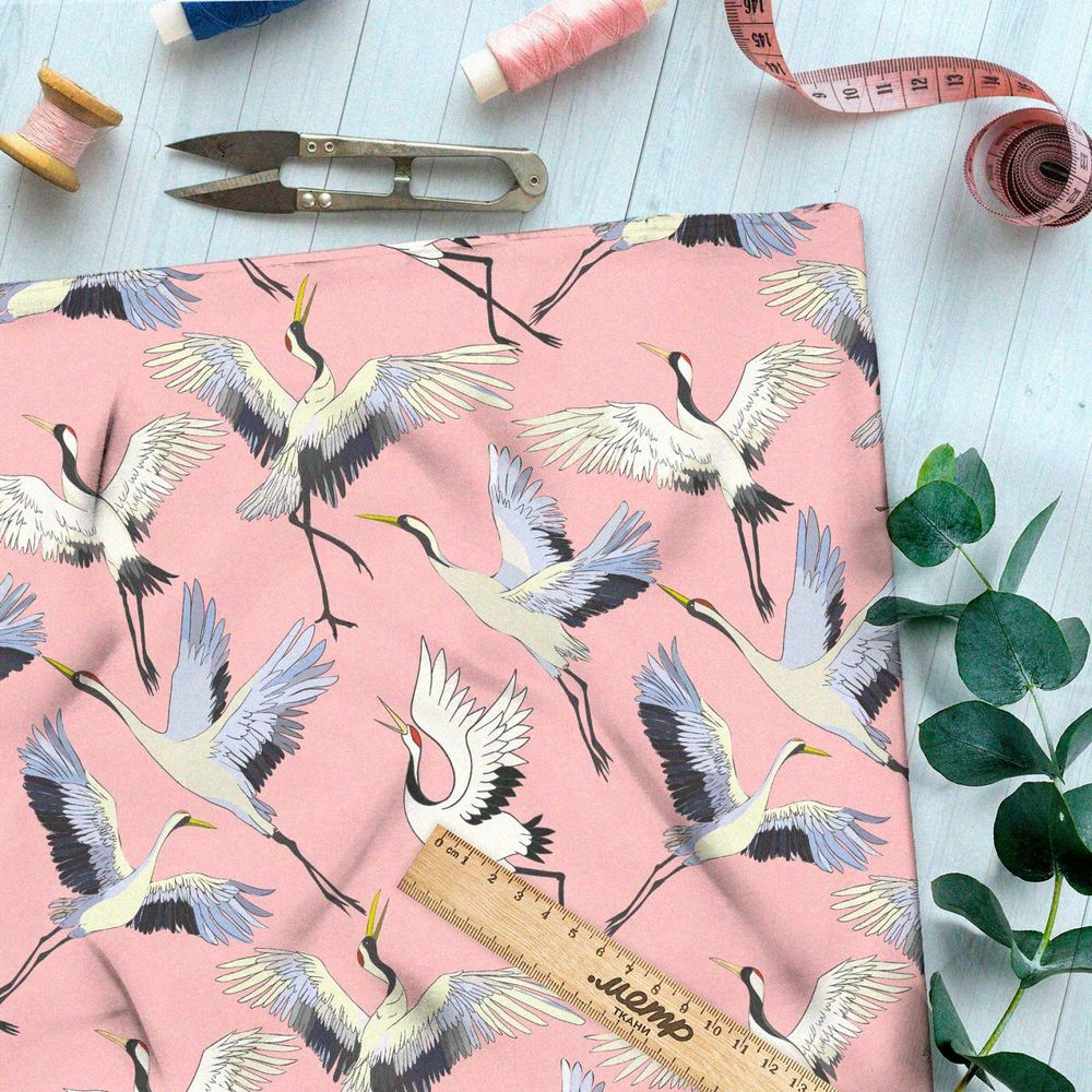 Ткань премиум бифлекс журавли на розовом